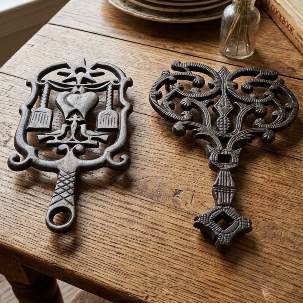 Vintage Cast Iron Trivet Set Heart Bird Scrollwork 545 540 Bronze Tone Rustic